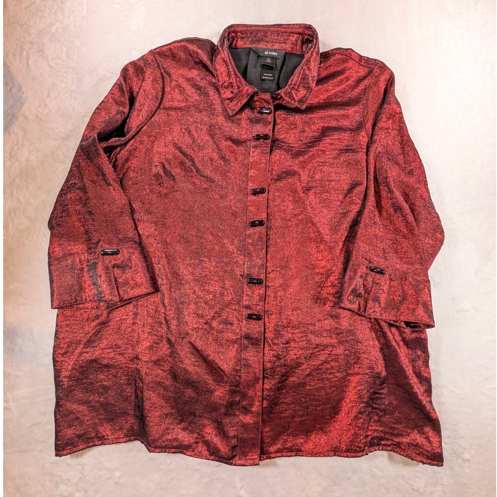 Ali Miles 1X Red Metallic Wired Collar Art to Wear Tunic Jacket Toggle Front